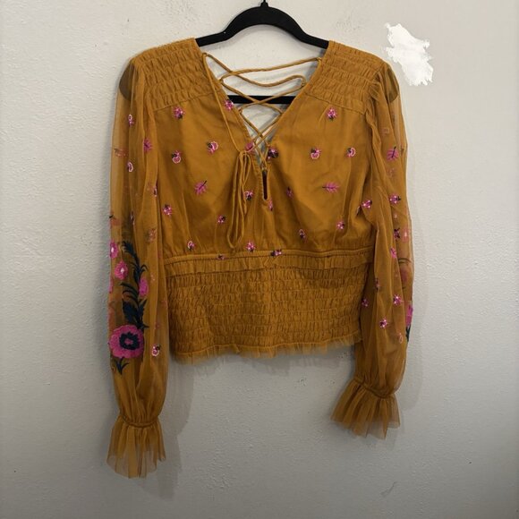 Anthropologie Embroidered Gold Smocked Tulle Blouse Size Medium Boho Peasant - Picture 9 of 15